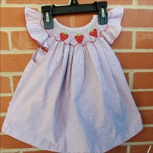 Retro vintage smocked seersucker strawberry dress